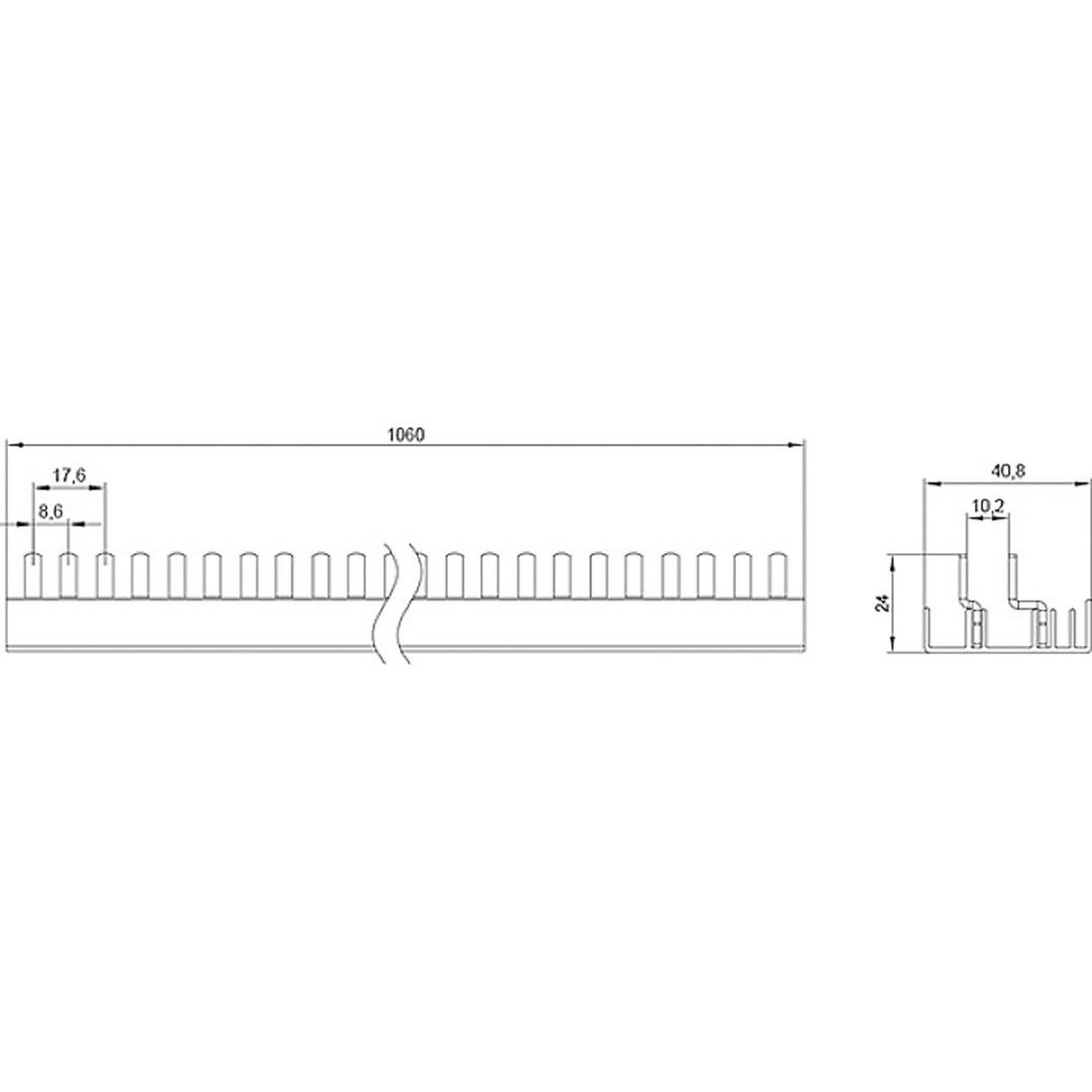 Teknisk tegning af en køleprofil: viser tværsnit med dimensioner. Længde 1060 mm, højde 24 mm, ribbeafstand 8,6 mm.