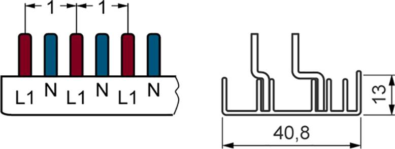Illustration af en stikforbinder med fem tilslutninger, mærket med L1 og N. Mål: Bredde 40,8 mm, højde 13 mm.