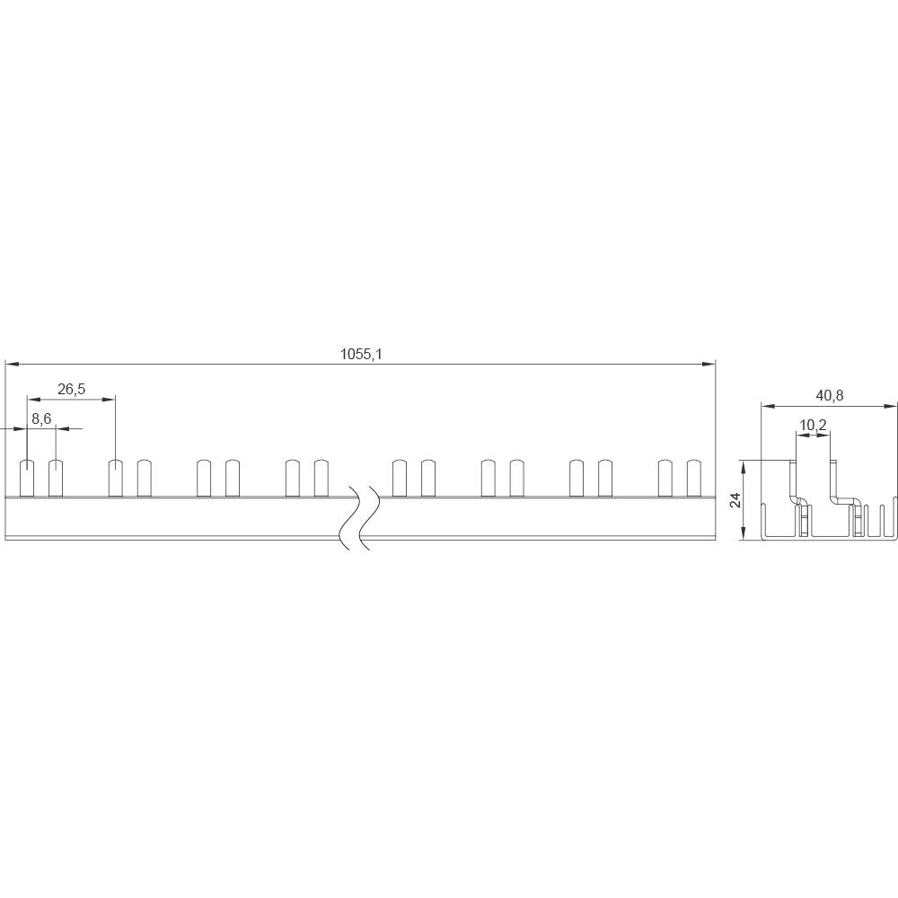 Teknisk tegning af en komponent med flere vertikale streber. Mål: Samlet længde 1055,1 mm, strebehøjde 8,6 mm.