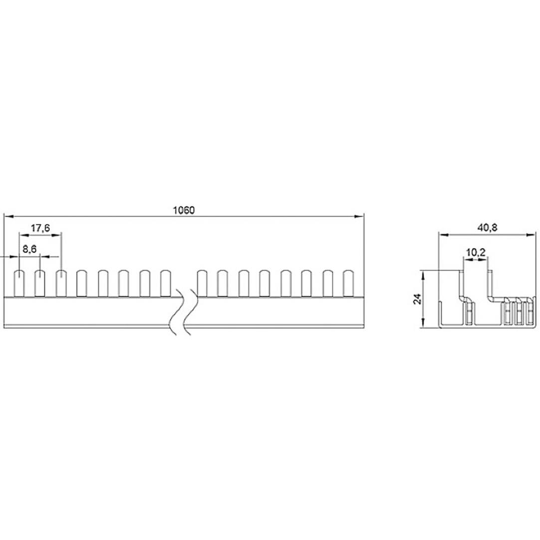 Teknisk tegning af en køleprofil med dimensioner: Længde 1060 mm, bredde 40,8 mm, højde 24 mm. Afstand mellem ribberne: 8,6 mm.