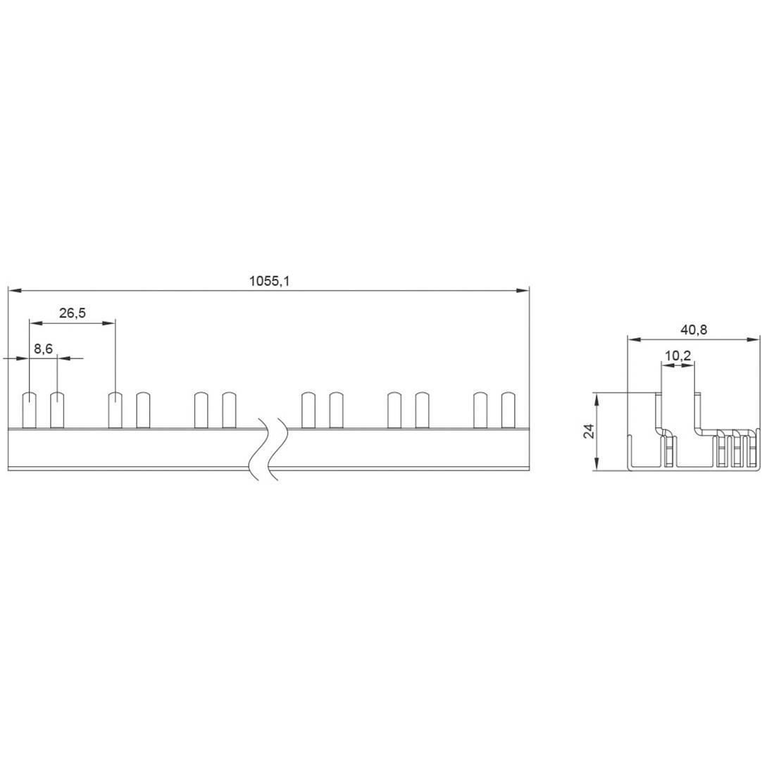 Teknisk tegning af en køleprofil med dimensioner: Længde 1055,1 mm, Højde 26,5 mm. Snitvisning viser detaljering.