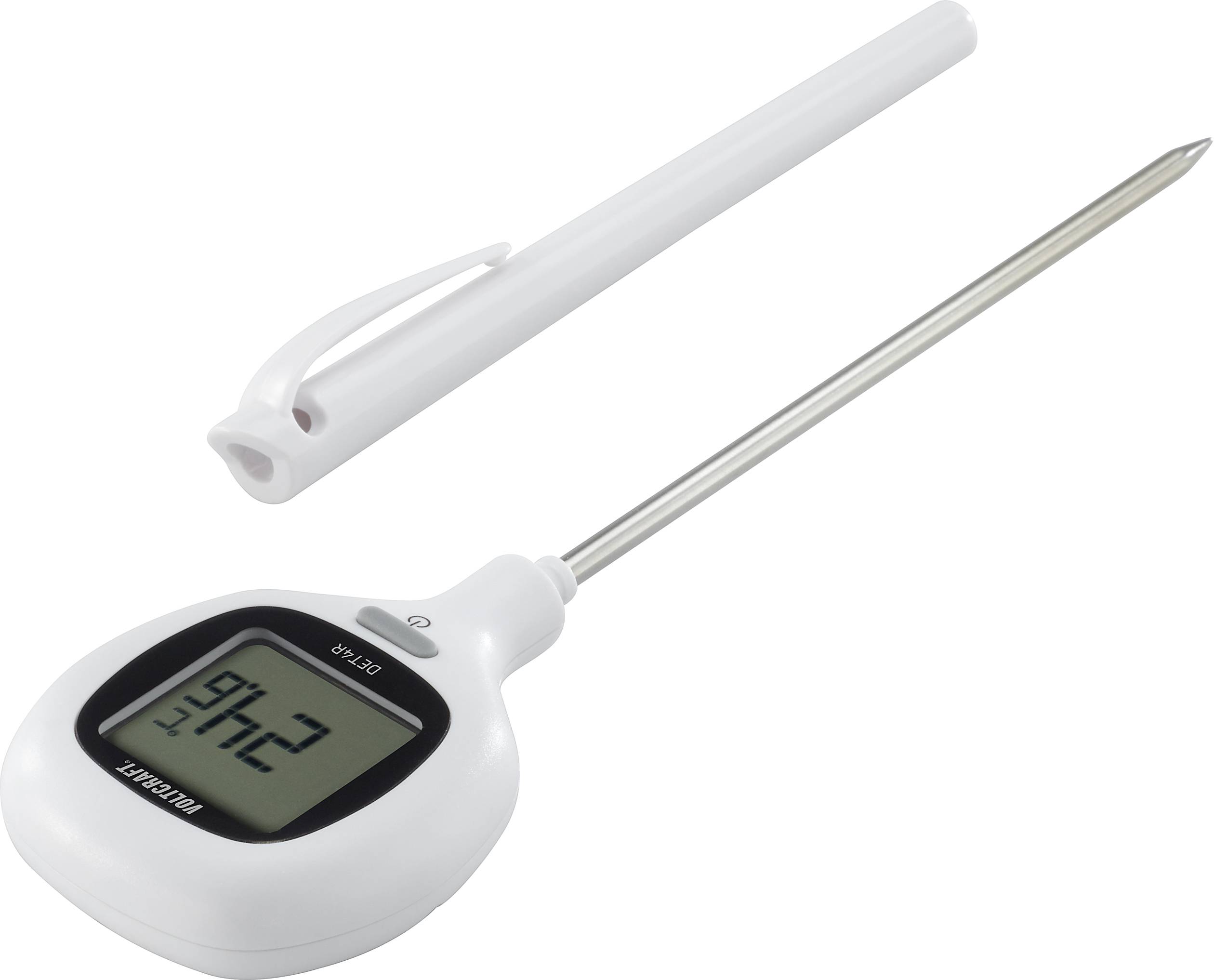 Digitalt køkkentermometer med læsbart display viser 97,4 grader Fahrenheit. Hvid kabinet og aftagelig beskyttelseskappe.