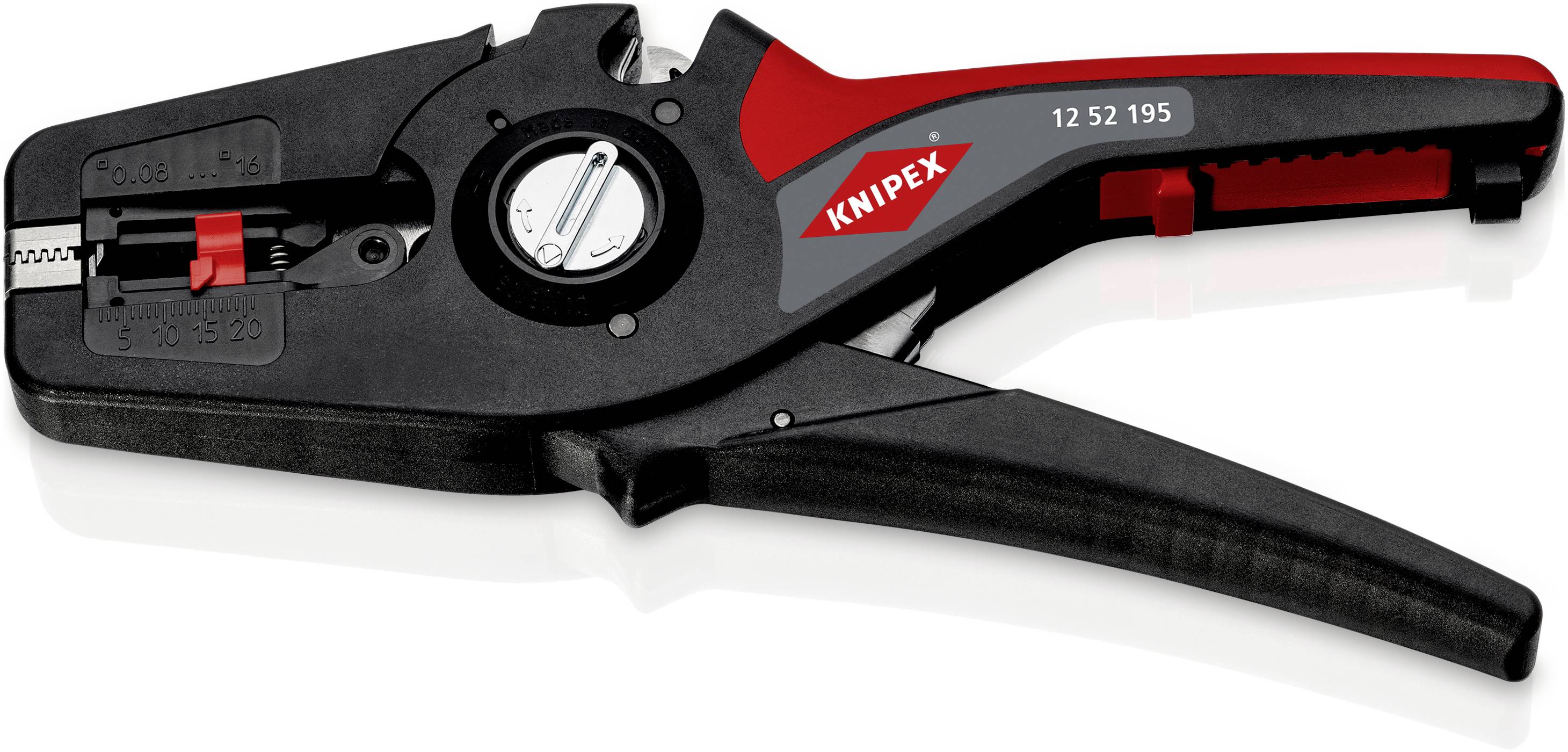 En tang med sort greb og rød markering, mærket 'Knipex 12 52 195', egnet til afisolering af kabler.