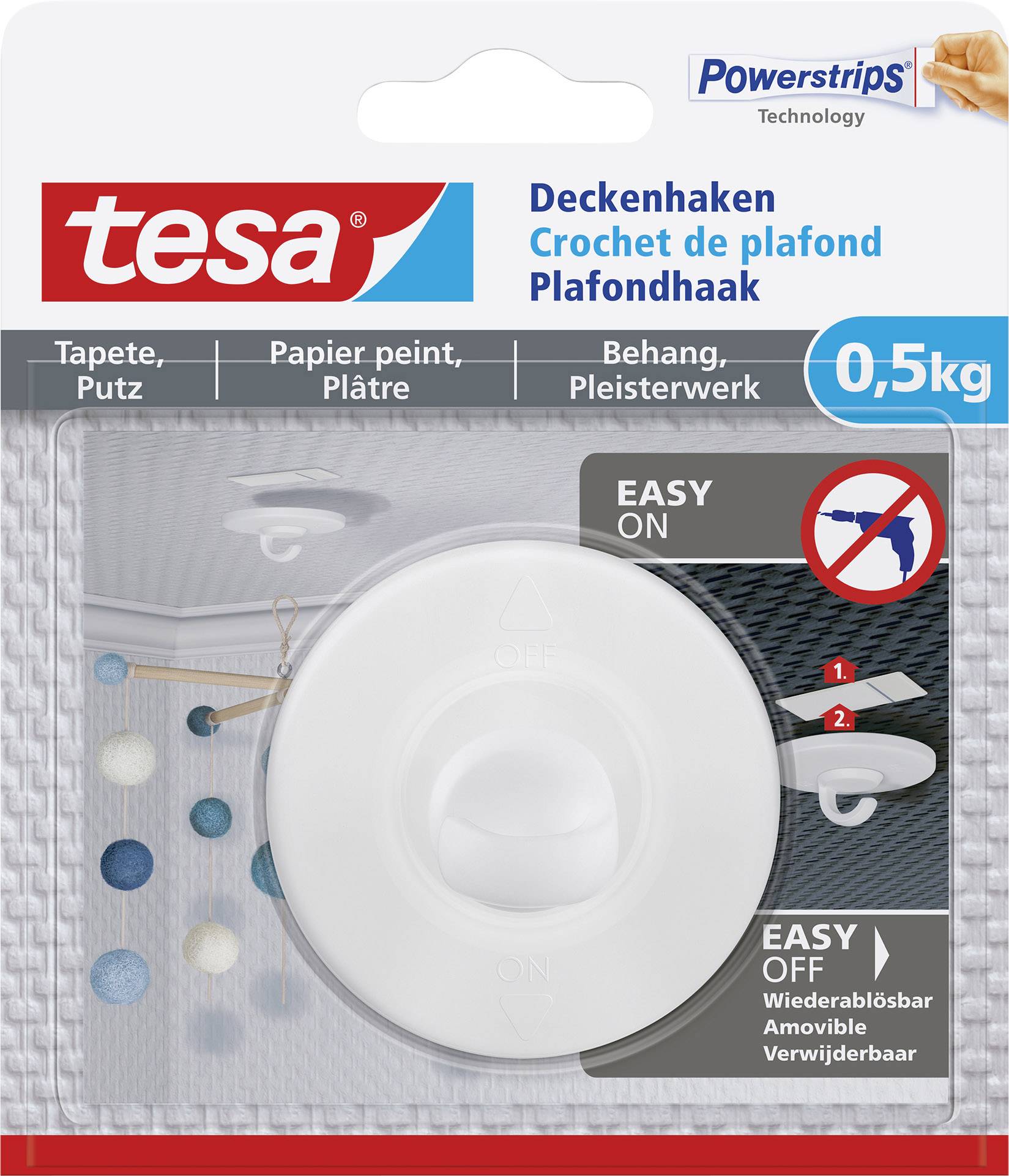 'Emballage til et loftkrog fra tesa til tapet og puds. Holder 0,5 kg. Nem at påsætte og fjerne. Billede viser anvendelse.'
