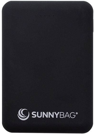 Sort powerbank med 'SunnyBAG' tekst på forsiden.