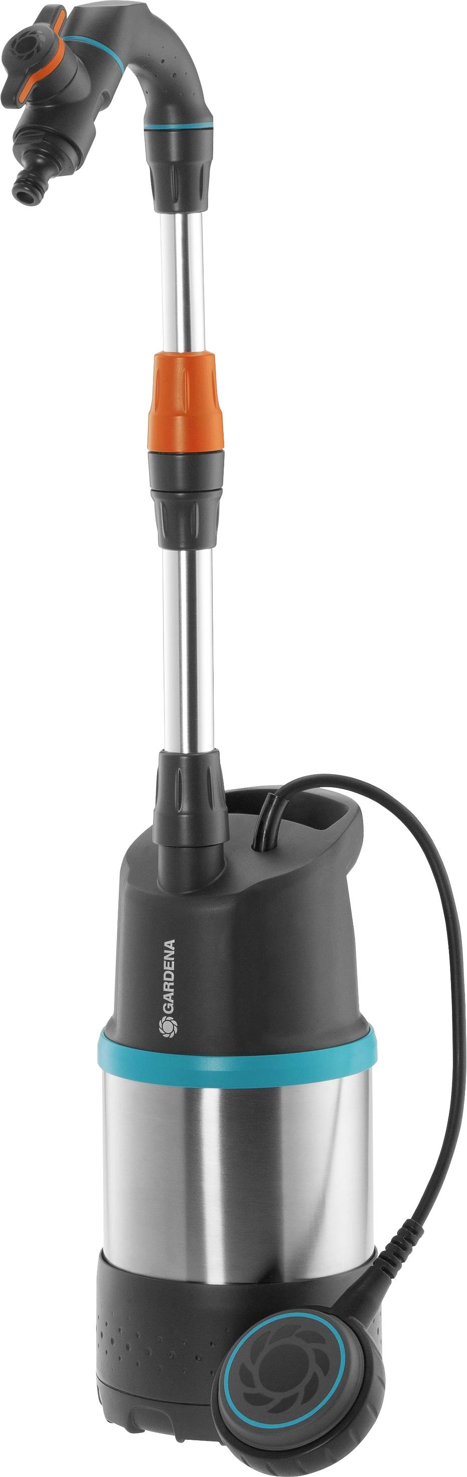 Havepumpe med robust metalkappe, sort håndtag og blå detaljer. Velegnet til vanding af udendørs planter.