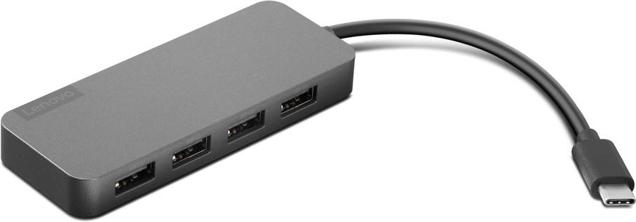 En sort USB-hub med fire USB-porte og et kort kabel med USB-C-stik, på hvid baggrund.