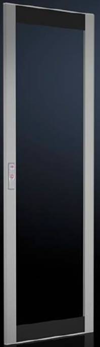 En glasskydedør med sort ramme og sølvfarvet vertikalprofil, hvor røde betjeningselementer ses på venstre side.