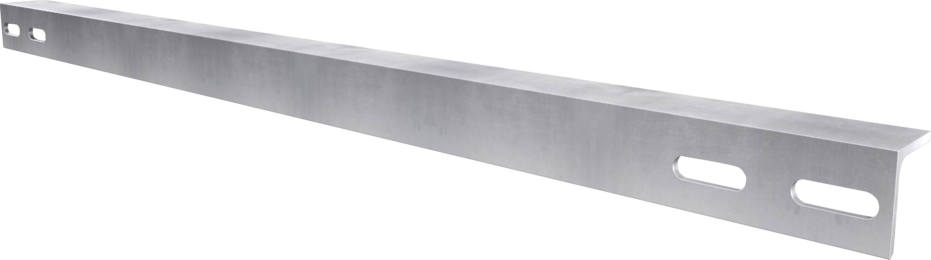 Et langt, rektangulært metalstykke med to store udskæringer i den ene ende.
