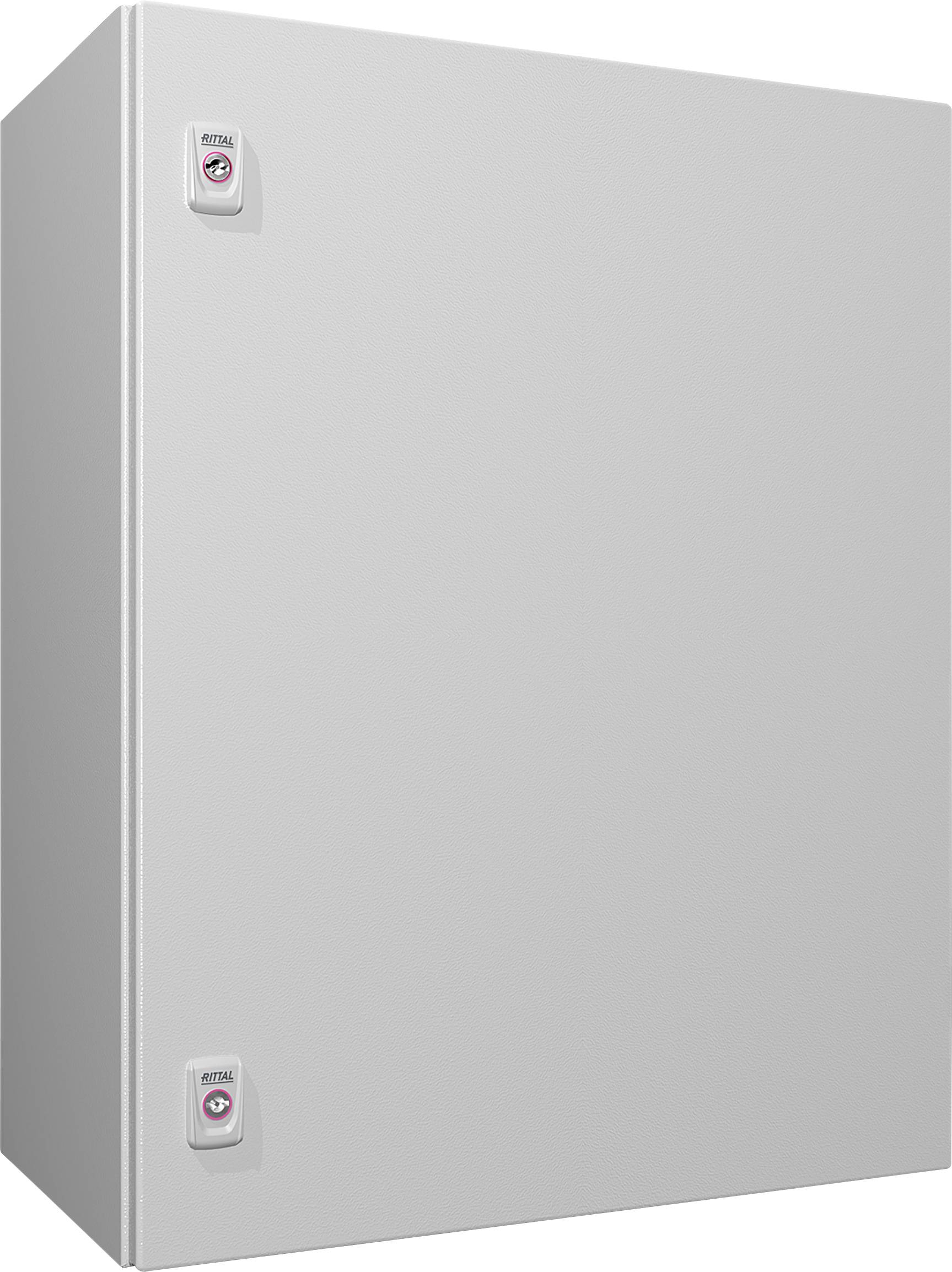 Grå metalskab med to håndtag øverst og nederst. Enkelt design uden yderligere synlige detaljer.