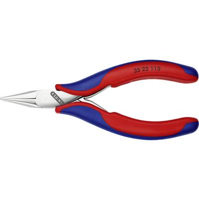 Spidstang med røde og blå greb. Metallisk tangende spids, egnet til præcist greb. Mærkningsnummer synligt på grebet.