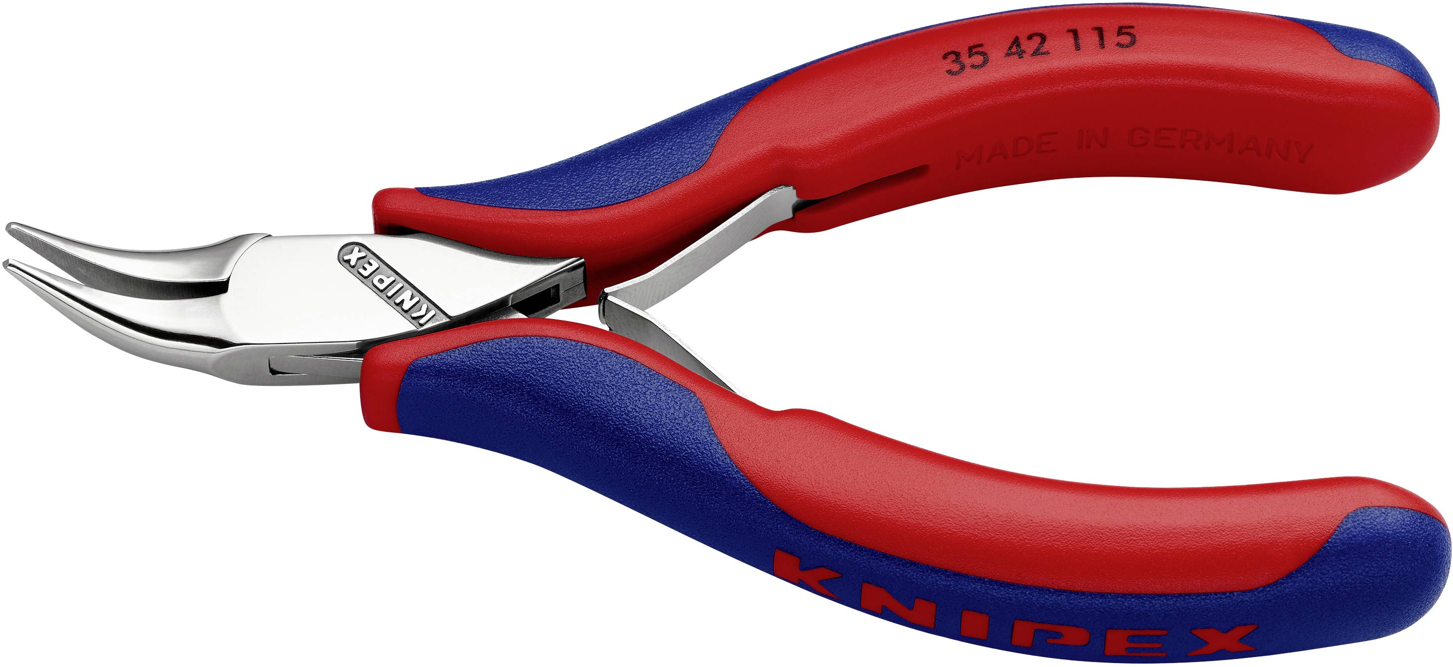 Et rødt og blåt Knipex-tangsæt med buede kæber og påtrykt 'Made in Germany'.