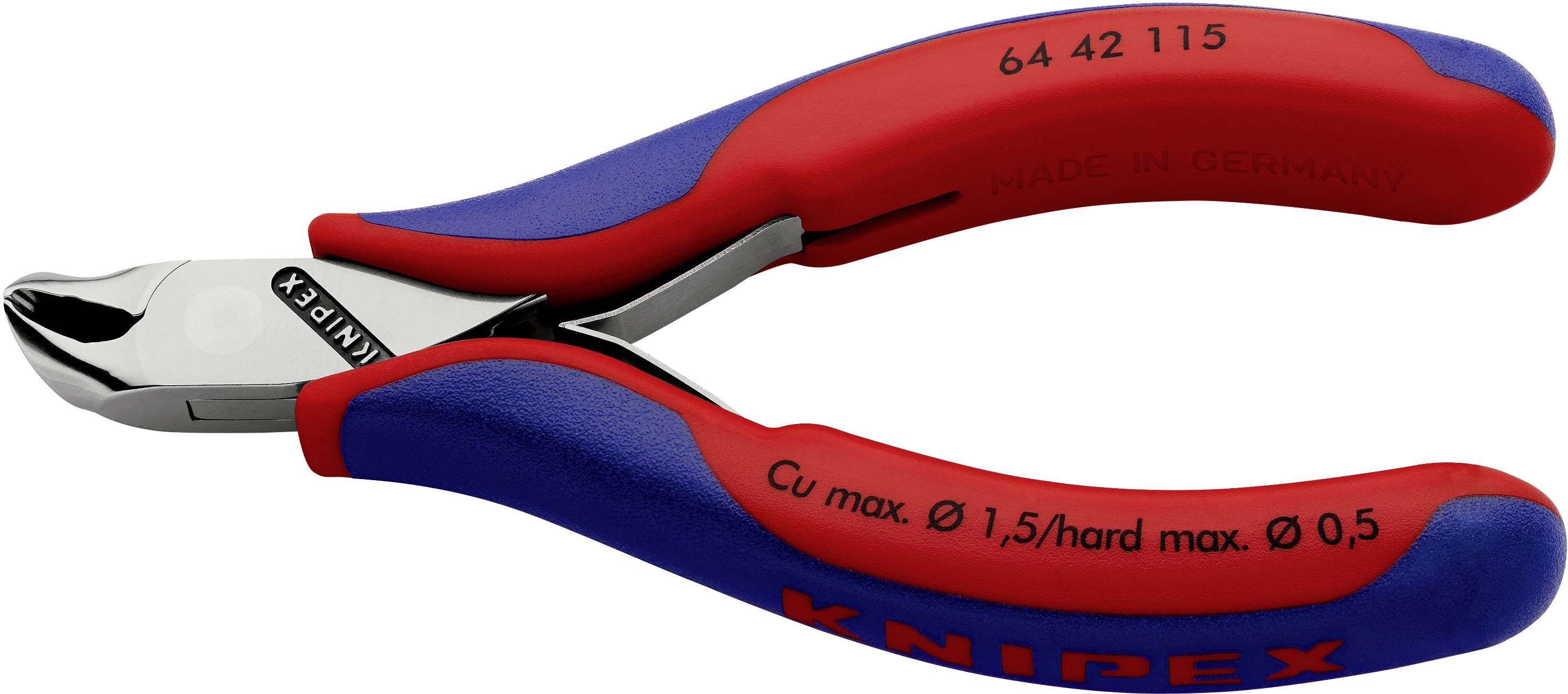 Blå-røde Knipex-kabelskærere med påskrift 'Cu maks. Ø 1,5/hård maks. Ø 0,5', egnet til præcis kabelskæring.