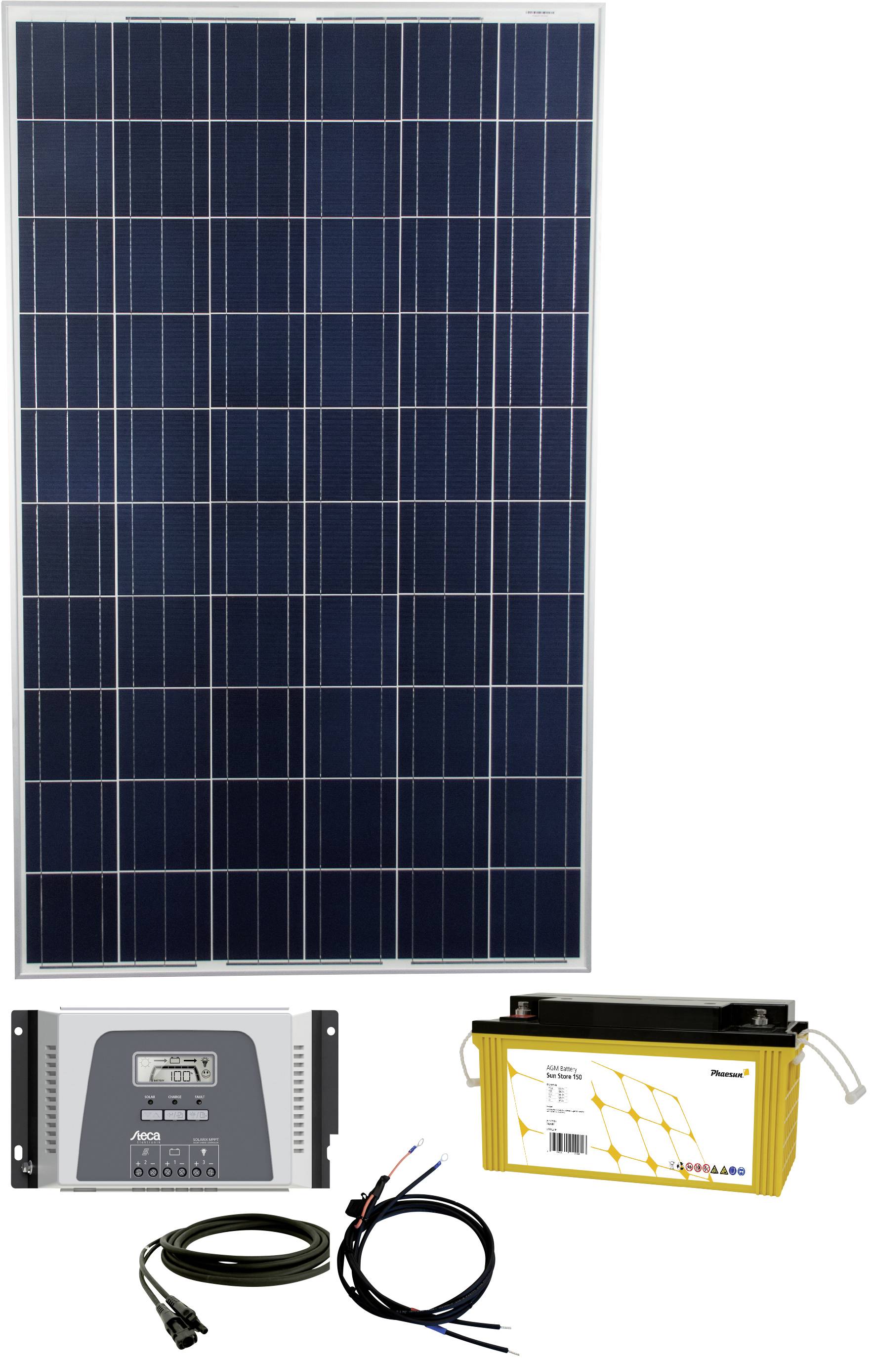 Solarsæt bestående af solarpanel, vekselretter, kabler og batteri til solstrøm. Ideel til autonom energiforsyning.