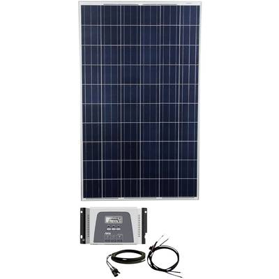 Solarmodul inklusive laderegulator og kabler. Modulet har et rektangulært design og består af polykrystallinsk silicium.