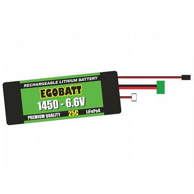 En genopladelig lithiumbatteri med påskriften 'EGOBATT 1450 - 6.6V, PREMIUM QUALITY, 25C, LiFePo4'.