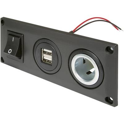 Sort frontplade med kontakt, to USB-porte og en rund tilslutning med røde og sorte kabler.