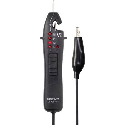 En sort spændingstester med lysindikator til 5, 12, 24 og 48 volt. Med aftagelig krokodilklemme.