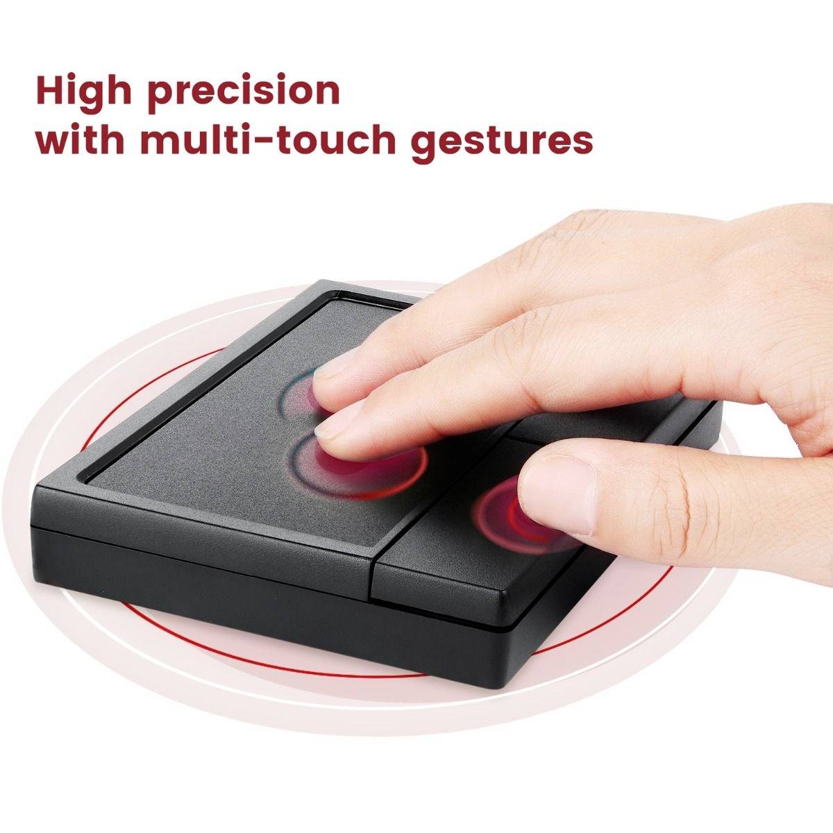 En hånd bruger en touchpad med to knapper. Røde cirkler viser multi-touch-bevægelser. Tekst ved siden af: 'Høj præcision med multi-touch-bevægelser'.