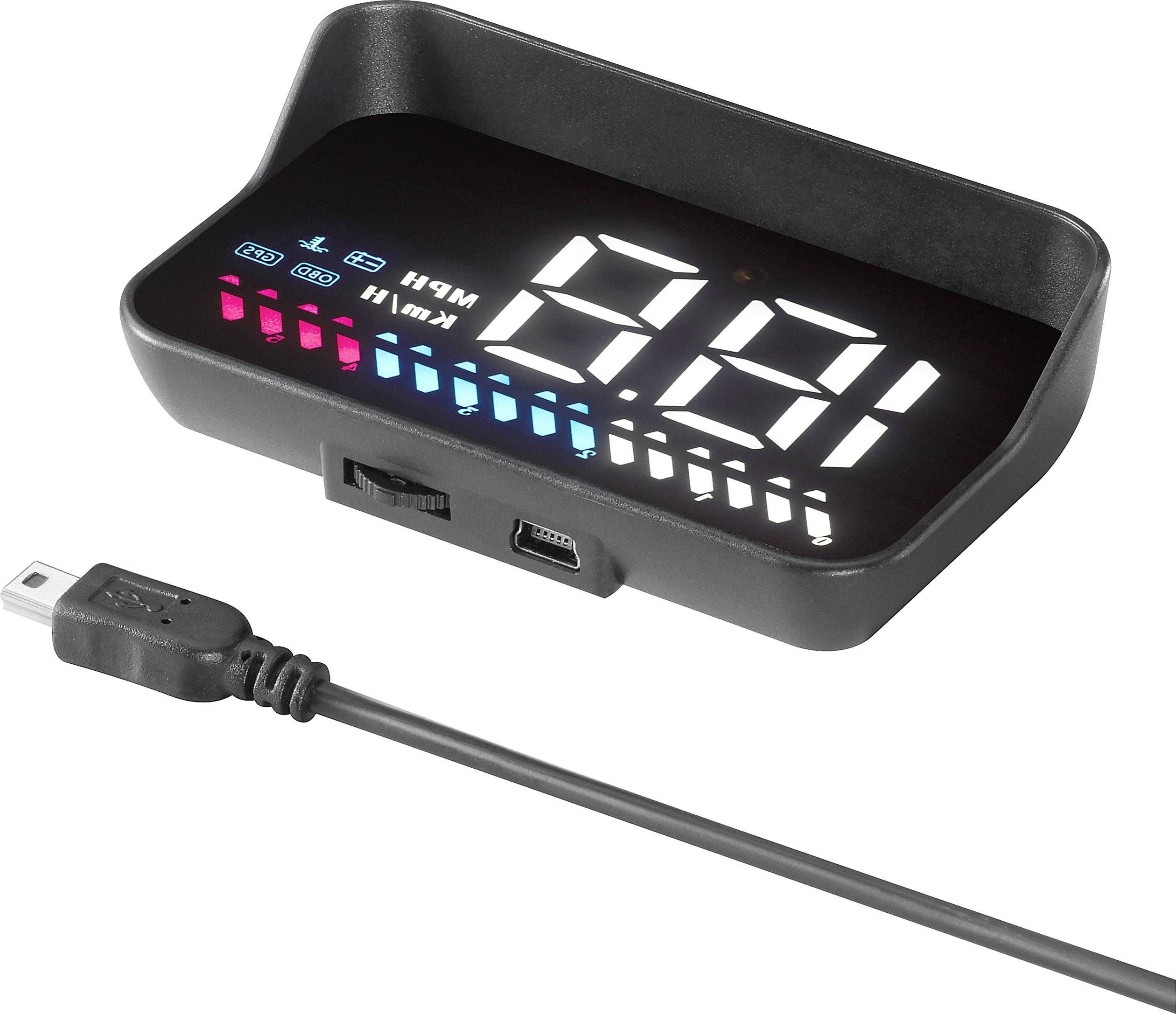 Et digitalt speedometer med kabel viser '98'. Forskellige symboler og bjælker er placeret til venstre på displayet.