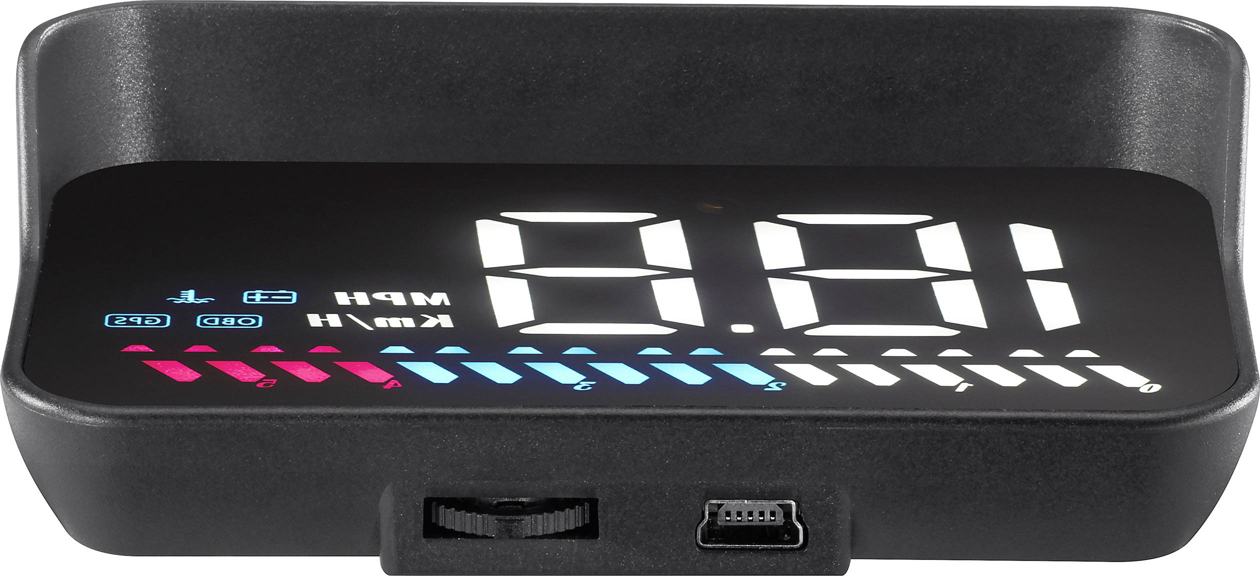 Det digitale display viser '0.0' for dæktryk i PSI. Nedenunder er der et USB-stik og et indstillingshjul.