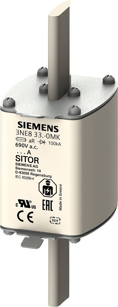 Sikringsindsats fra Siemens, model 3NE8 33-0MK, 690V a.c., 100kA, til industrielle anvendelser, viser tekniske egenskaber.