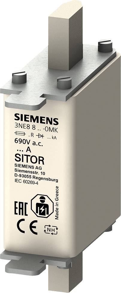 Sikringsindsats fra Siemens, model 3NE8 8-0MK, 690V vekselstrøm, med SITOR-påskrift og CE-mærkning.