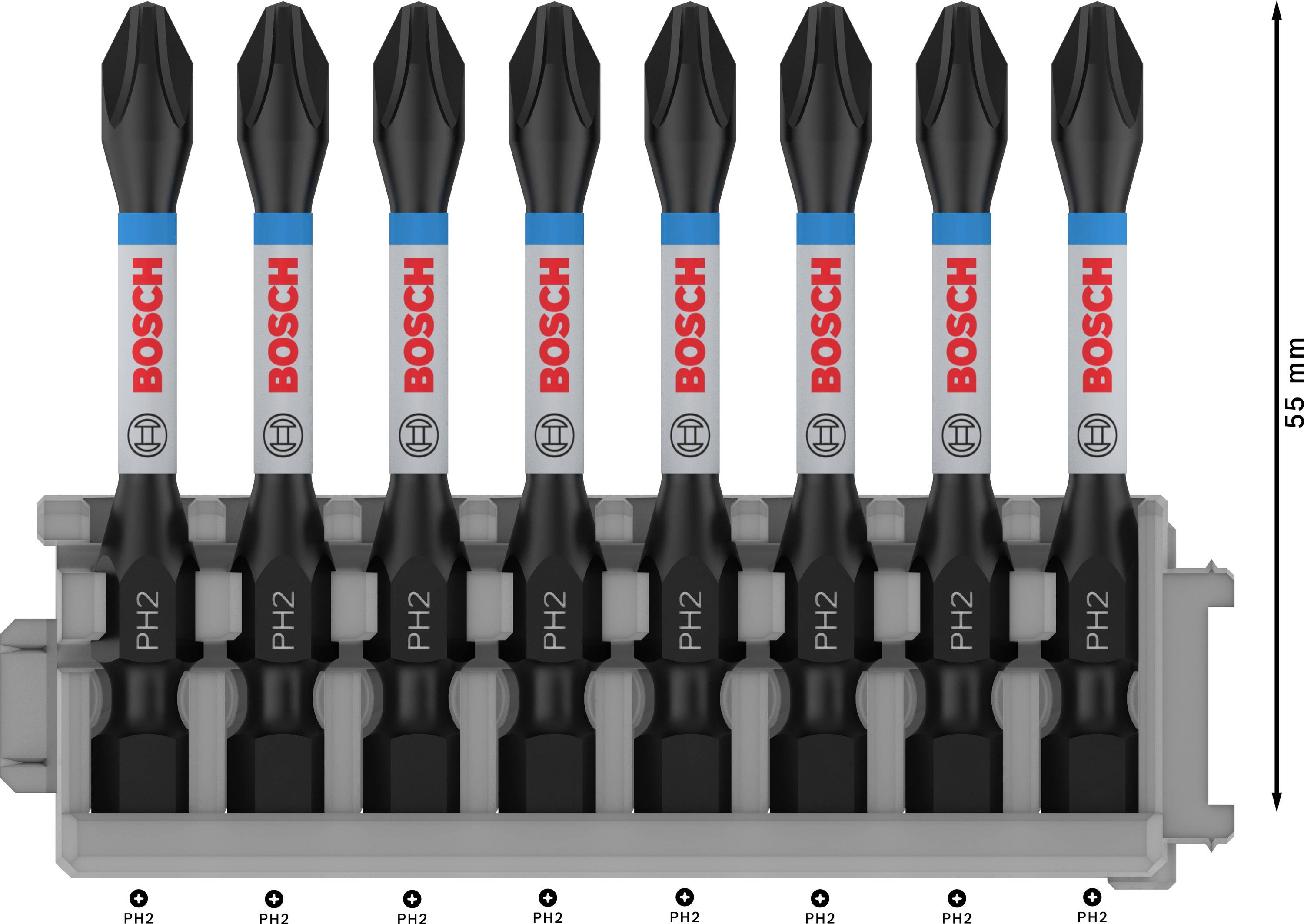 Et sæt af otte Bosch PH2 skruebits, arrangeret i en grå holder, med en længde på 55 mm.