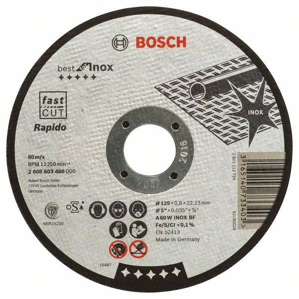 Bosch slibeskive, model 'Inox', til metalbehandling. Detaljer: 125x1,0x22,23 mm, maksimal hastighed 80 m/s, 12.250 o/min.