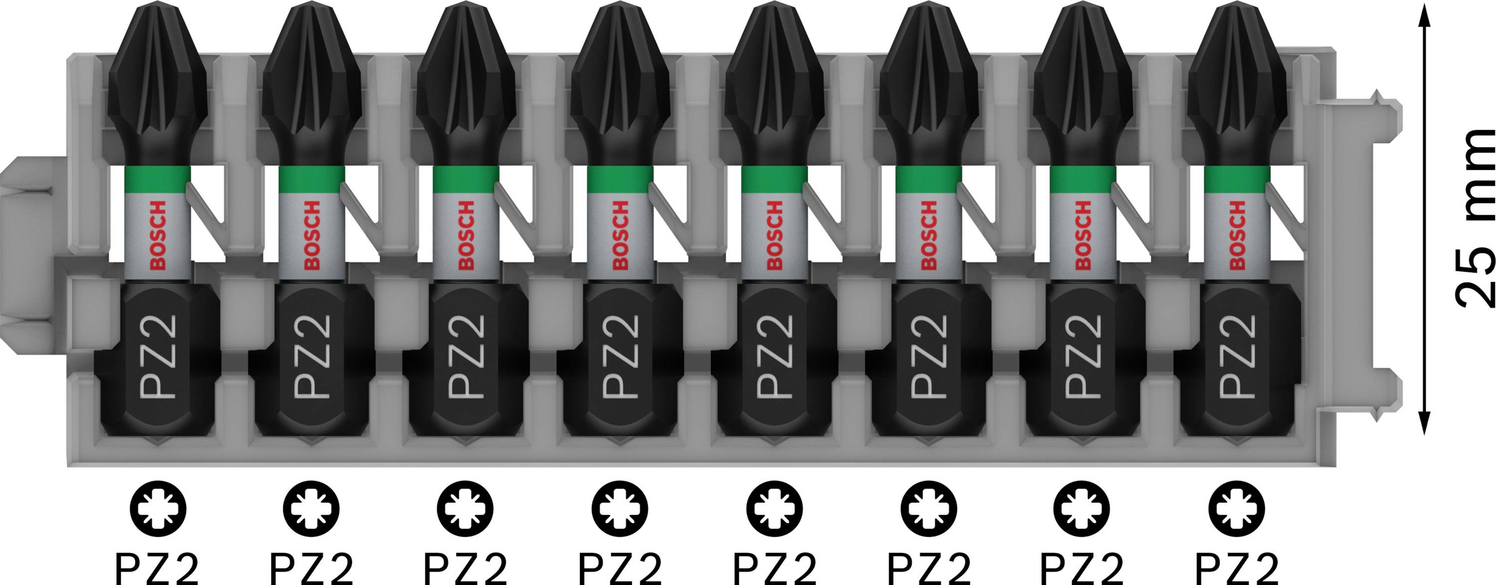 Sæt bits: Otte ens sorte skruetrækkerbits (PZ2), arrangeret i en grå holder. Størrelse: 25 mm.