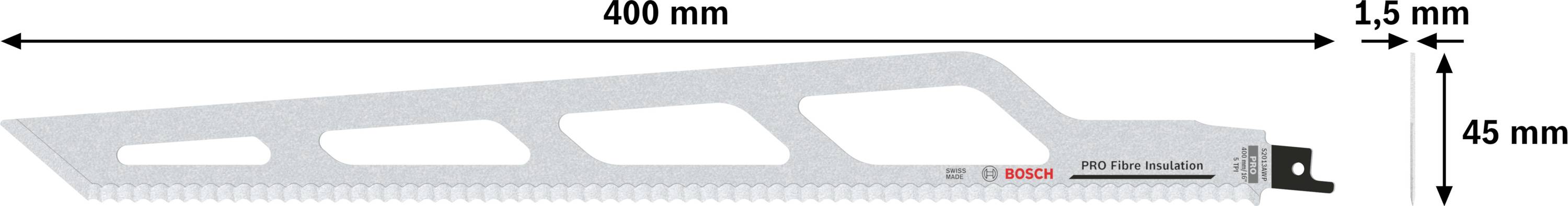 Stiksavklinge med længde på 400 mm, bredde 45 mm, tykkelse 1,5 mm, egnet til træ. Mærkning: 'Bosch' og 'Progressor'.
