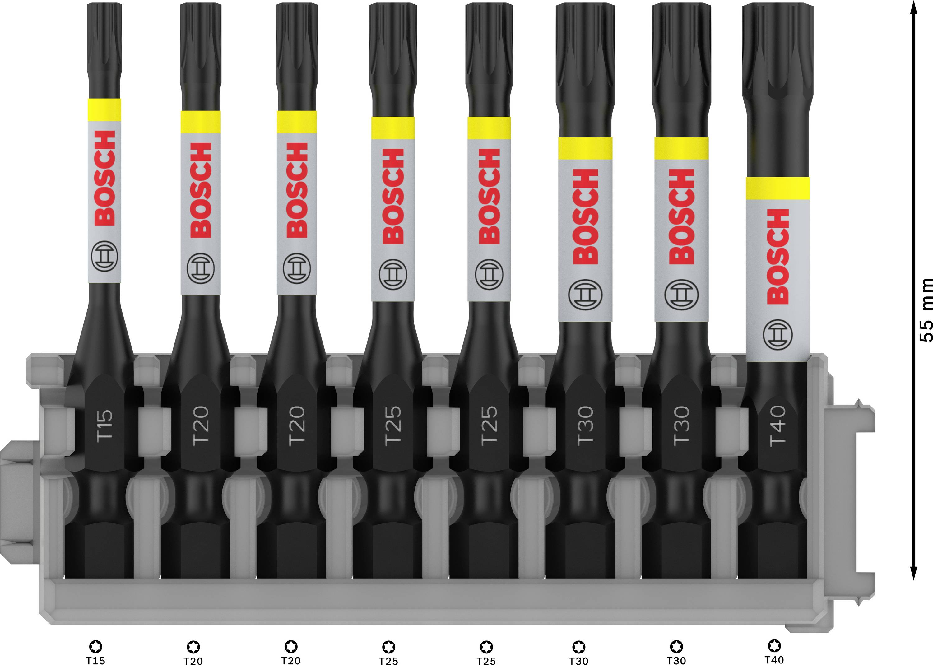 'Bosch Bit-Sæt': Syv sorte bits opstillet i en holder, størrelser T15 til T40. Hvert bit er påtrykt 'Bosch'. Til venstre størrelsesangivelse 55 mm.