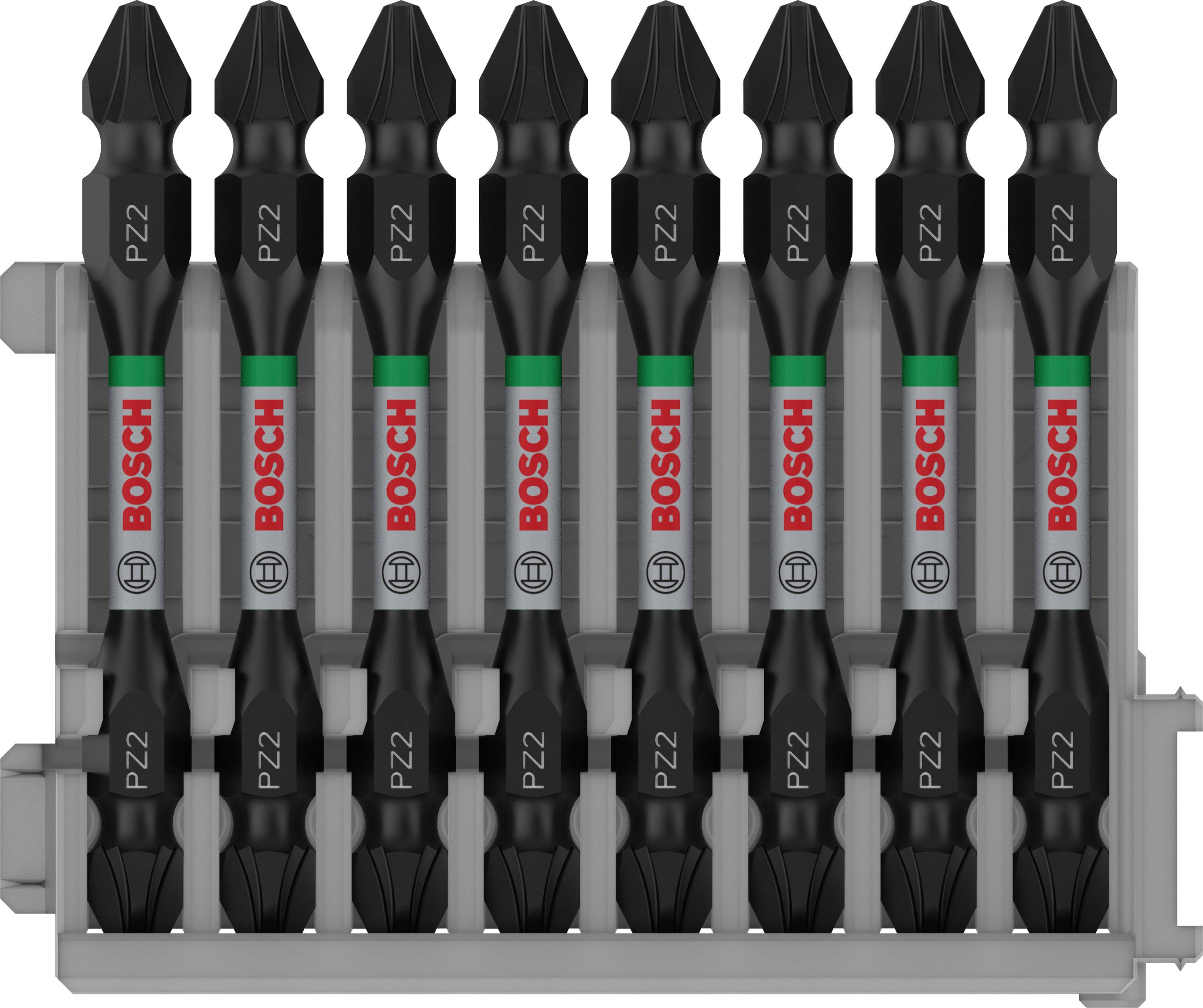 Sæt med ti sorte Bosch-bits i PZ2-størrelse, arrangeret i to rækker på en grå holder.