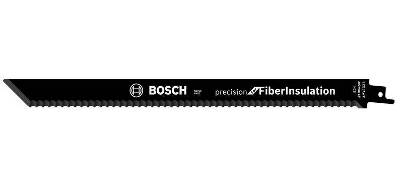 Bosch-bajonetblad til præcis skæring af fiberisoleringer, sort med savtakkede tænder og virksomhedens logo påtrykt.