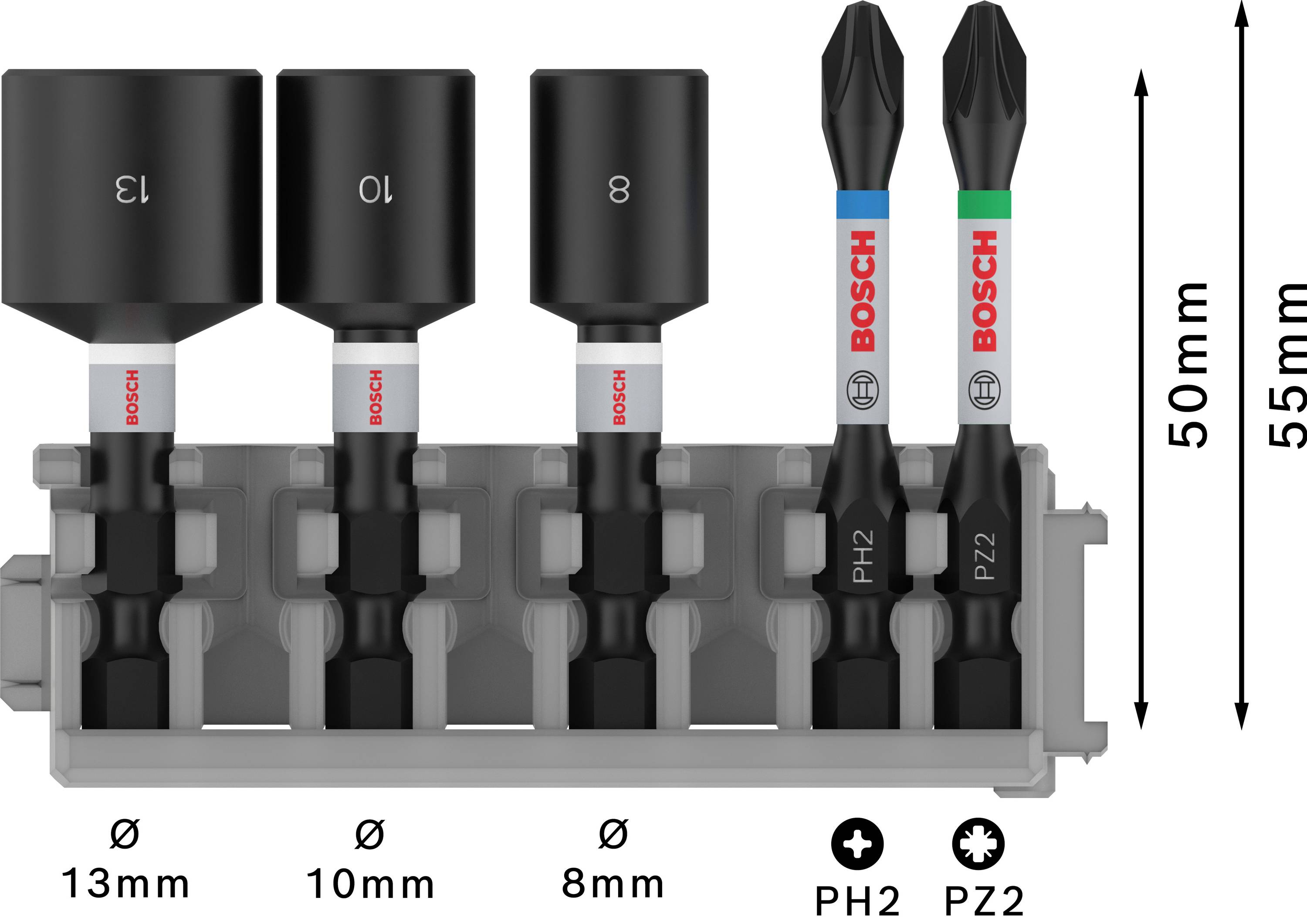 Bitsæt fra Bosch med fire møtrikker (13mm, 10mm, 8mm) og to skruetrækkere (PH2, PZ2). Størrelser og længder markeret.