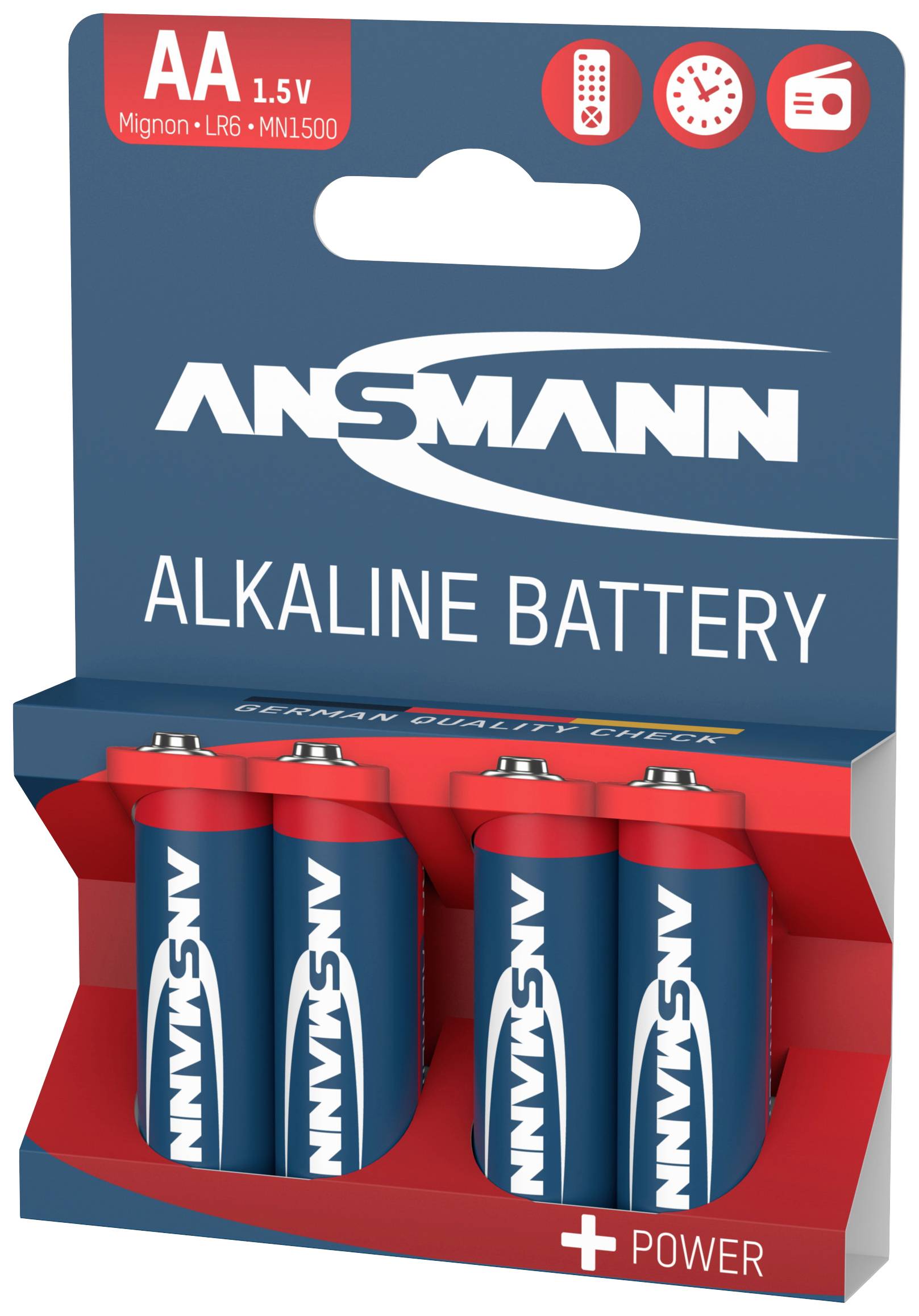 En pakke med fire AA alkaliske batterier fra mærket Ansmann i blå-rød emballage, egnet til enheder som ure og legetøj.