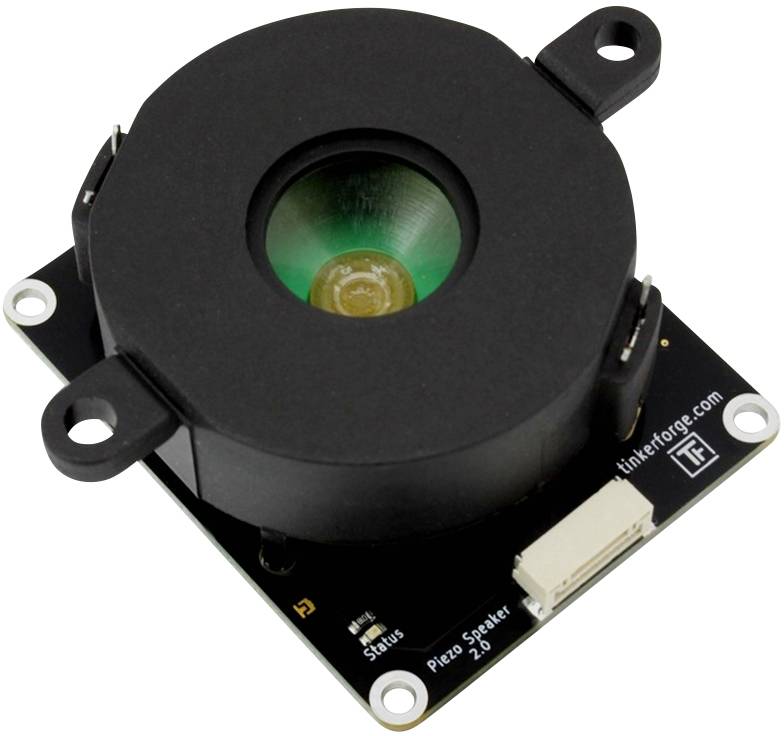 En rund, sort Piezo-højttaler med tilslutningsplade, med påtrykt 'Piezo Speaker 2.0', producentnavn på siden.