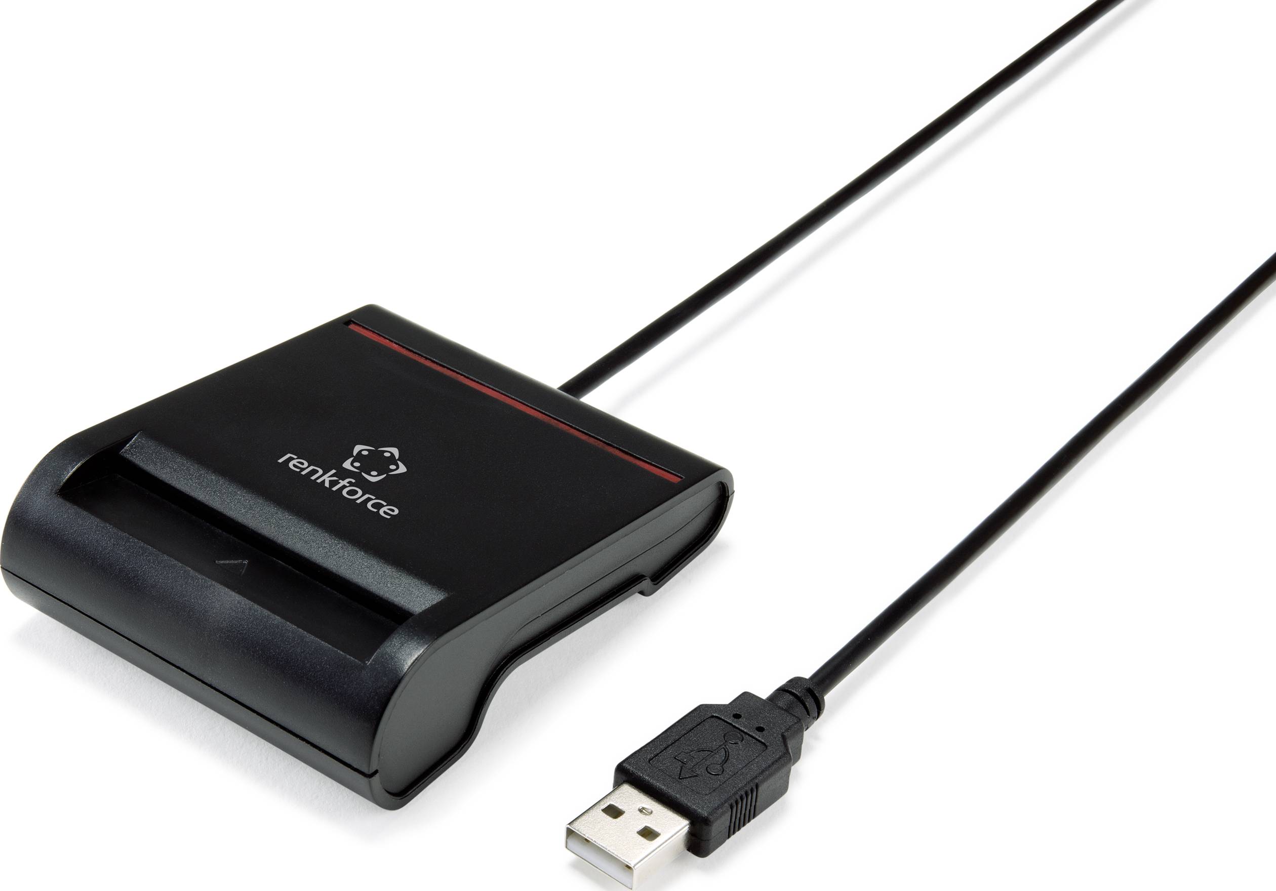 En sort USB-kortlæser med langt kabel til aflæsning og skrivning af hukommelseskort.