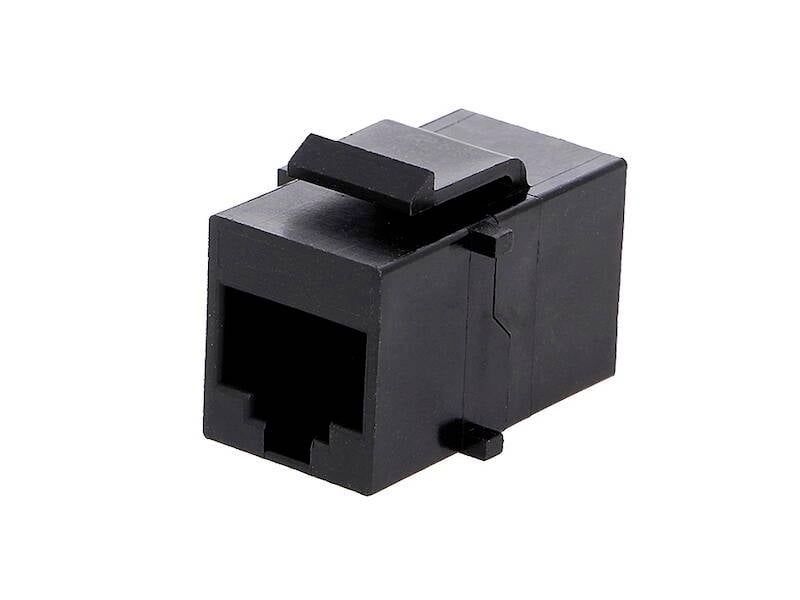 Et sort RJ45-netværksmodul til Ethernet-forbindelser i et rektangulært plastikkabinet.