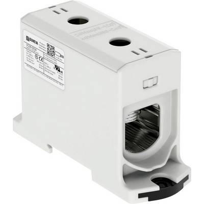 En hvid elektrisk forbindelsesklemmeblok med flere tilslutninger og tekniske specifikationer på oversiden.