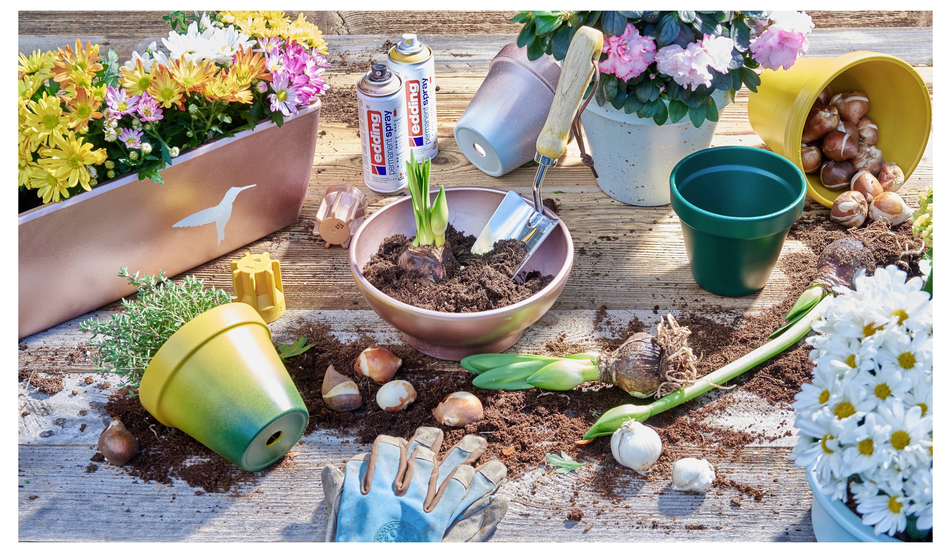 Haveredskaber og blomsterløg på et rustikt bord, med pottemede blomster, jord, værktøj, handsker, vandkander og frøpakker til forårsbeplantning.