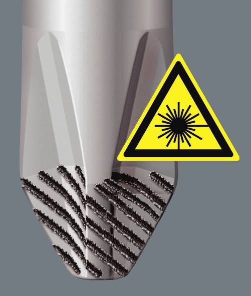 Bor med et lasers advarselssymbol, som sandsynligvis indikerer en speciel overfladebehandling eller laserapplikation.