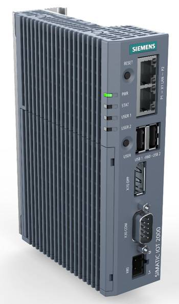 Industriel PC 'Siemens SIMATIC IOT2050' med netværks- og USB-forbindelser, LED-indikatorer og ventilationsåbninger.