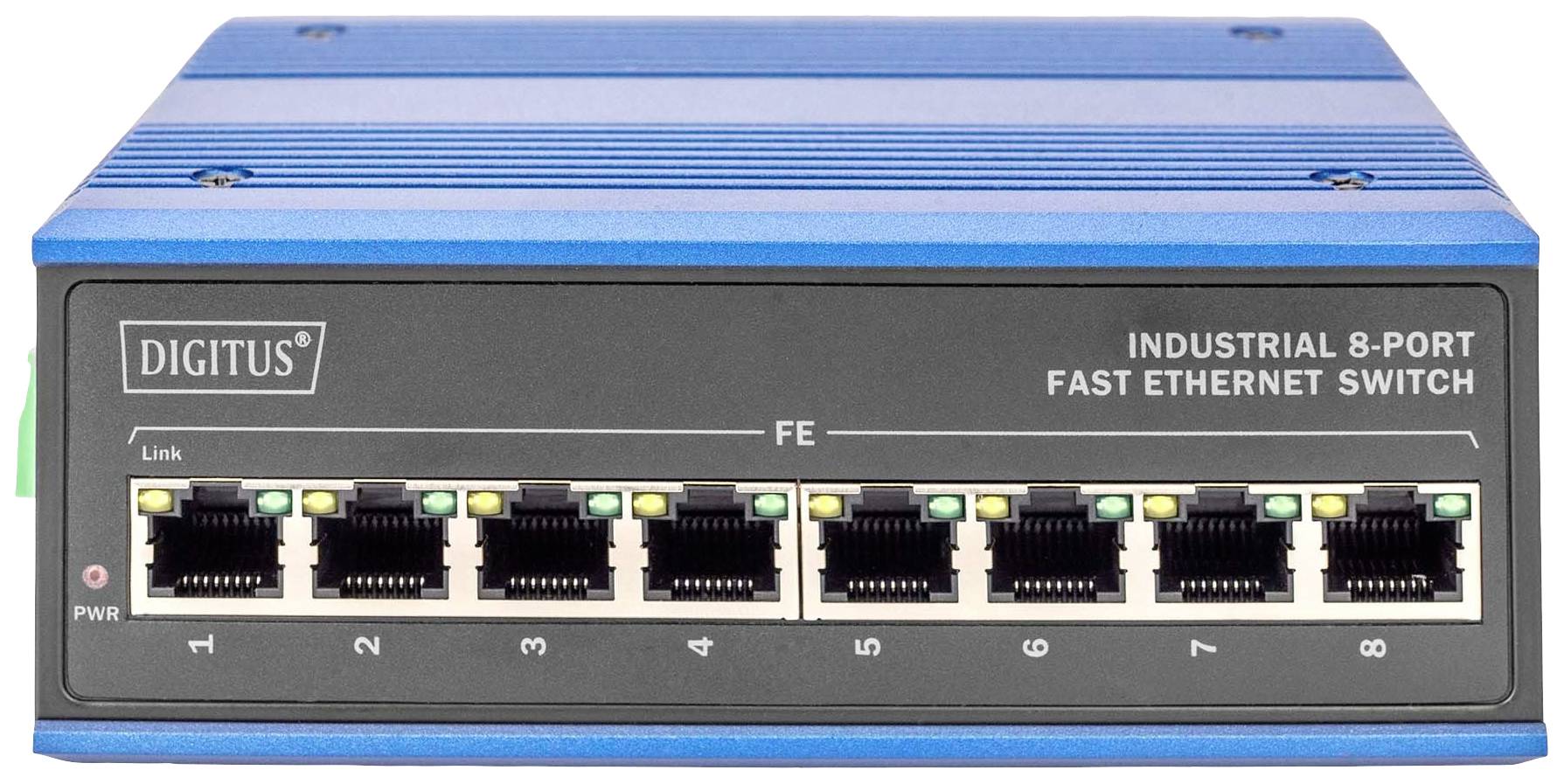 En blå 8-ports Fast Ethernet switch fra Digitus til industrielle anvendelser. Indeholder LED-lamper til statusvisning over hver port.