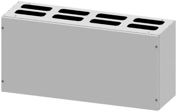 Hvid rektangulær enhed med flere rektangulære åbninger på oversiden, muligvis en varmeenhed eller ventilationselement.
