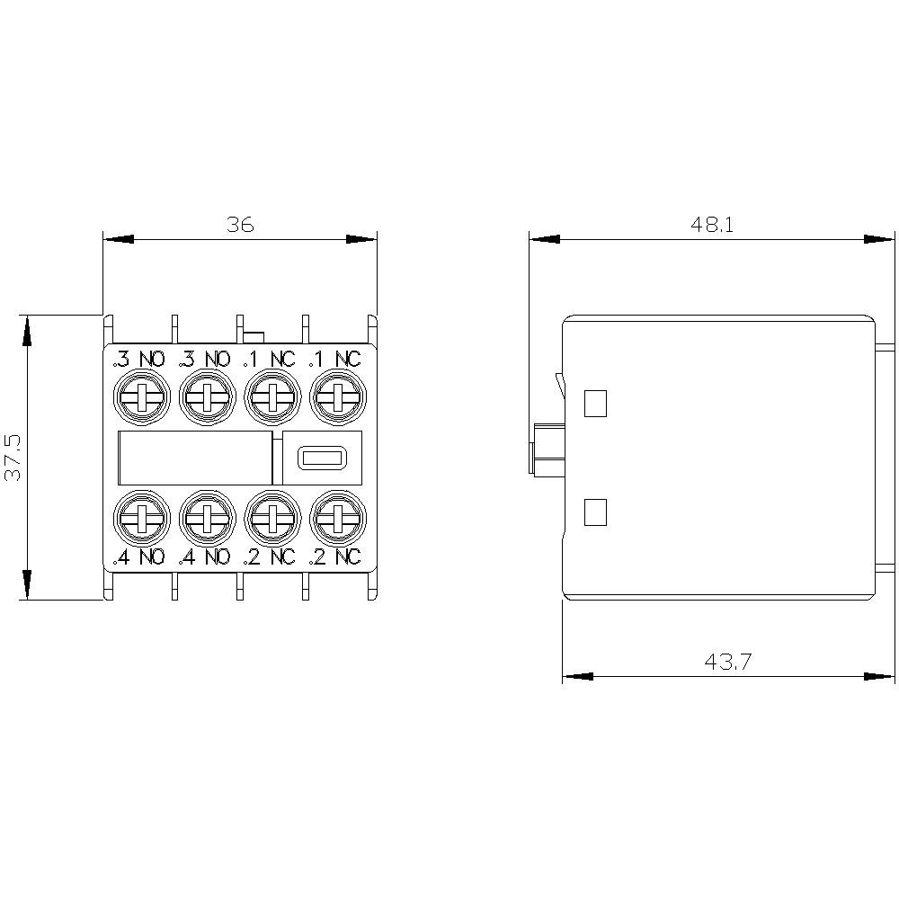 Teknisk tegning af en elektrisk kontakt med dimensioner: Bredde 36 mm, højde 37,5 mm, dybde 43,7 mm, sidevisning 48,1 mm.