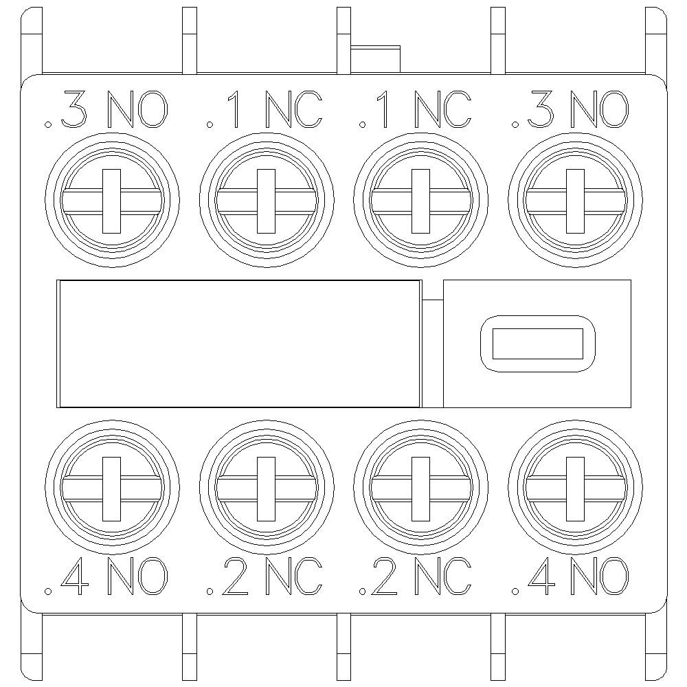 Principdiagram for en elektrisk komponent med otte kontakter, mærket med '.3 NO', '.1 NC', '.3 NO', '.4 NO', '.1 NC', '.2 NC', '.2 NC', '.4 NO'.