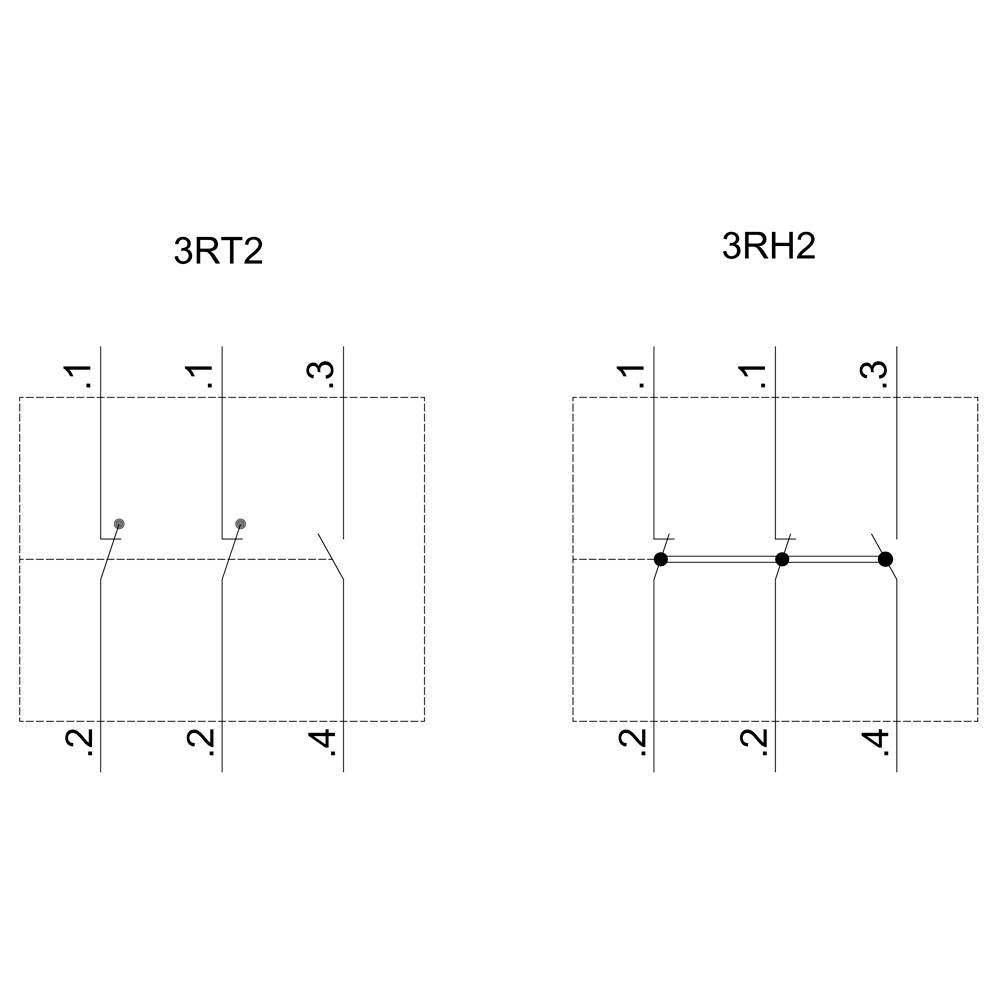 Kredsløbsdiagrammet viser to kontakter: Til venstre '3RT2' med forbindelser ved 1, 2, 3; Til højre '3RH2' med forbindelser ved 1, 2, 3, 4.