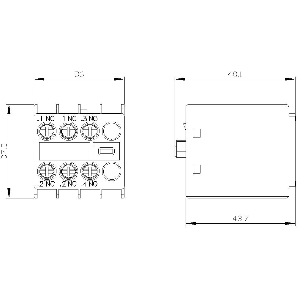Koblingsskema for et elektrisk relæ med dimensioner: Bredde 36 mm, dybde 37,5 mm, højde 48,1 mm. Viser tilslutningsklemmer og kontaktbelægning.