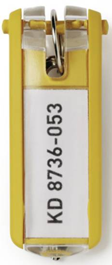 Gul nøglering med metalring, forsynet med betegnelsen 'KD 8736-053'.
